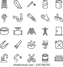 thin line vector icon set - scissors vector, open pin, hook, winch, hand saw, stepladder, ladder, sewerage, ntrance door, knife, stationery, kitchen faucet, canned goods, tin, soda can, valve, pipes