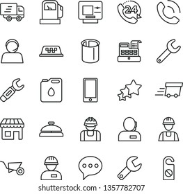 thin line vector icon set - repair key vector, builder, workman, building trolley, speech, smartphone, 24, phone call, gas station, canister of oil, pipes, steel, kiosk, dispatcher, operator, taxi