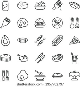 thin line vector icon set - plates and spoons vector, a chair for feeding child, plastic fork, iron, stick of sausage, piece pizza, Hot Dog, burger, spaghetti, pie, lettuce in plate, chicken, bacon