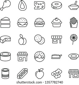 thin line vector icon set - kiosk vector, stick of sausage, piece cheese, canned goods, tin, Hot Dog, big burger, muffin, cake, slice, with a hole, glazed, bowl buckwheat porridge, plate milk, apple