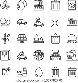 thin line vector icon set - bin vector, dust, drop, bag with handles, solar panel, working oil derrick, leaves, wind energy, factory, hydroelectric station, trees, forest, industrial building, trash