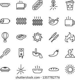thin line vector icon set - electronic thermometer vector e, temperature, new radiator, boiler, coffee, sausage, loaf, Hot Dog, mini, pie, porridge, chop, barbecue, chili, cup of tea, coffe to go