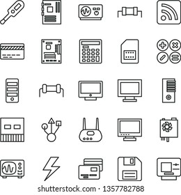 thin line vector icon set - lightning vector, floppy disk, monitor, window, bank card, rss feed, electronic thermometer e, screen, cards, math actions, SIM, engineer calculator, pc power supply, usb