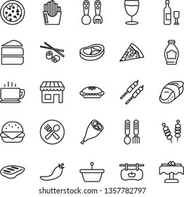 thin line vector icon set - plastic fork spoons vector, iron, coffee, fried vegetables on sticks, pizza, piece of, big burger, cake, pie, grill chicken leg, bacon, chop, barbecue, potato slices, pan