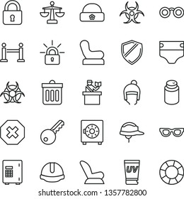 thin line vector icon set - mark of injury vector, scales, diaper, powder, Baby chair, car child seat, winter hat, warm, construction helmet, dust bin, lock, strongbox, encrypting, glasses, uv cream