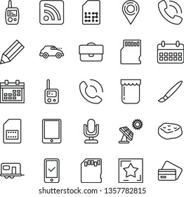 thin line vector icon set - tassel vector, desktop microphone, calendar, rss feed, toy phone, mobile, call, piece of meat, jam, big solar panel, retro car, SIM card, location, portfolio, pencil, sd