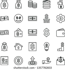 thin line vector icon set - coins vector, column of, denomination the dollar, article on, financial item, catch a coin, wallet, money, dollars, cash, bag hand, mortgage, pedestal, gear, idea, eyes