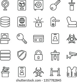 thin line vector icon set - prohibition vector, Baby chair, key, door knob, lock, passport, big data, strongbox, reverse side of a bank card, encrypting, biohazard, airport tower, rope barrier