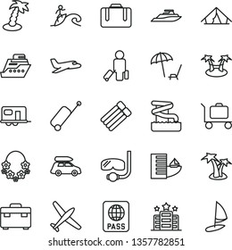 thin line vector icon set - suitcase vector, passport, plane, car baggage, camper, passenger, rolling case, hotel, tent, arnchair under umbrella, palm tree, hawaii wreath, aquapark, diving mask
