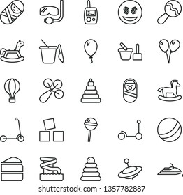 thin line vector icon set - beanbag vector, baby rattle, bath ball, stacking rings, toy, roly poly doll, tumbler, mobile phone, sand set, children's, yule, rocking horse, small, cubes for children