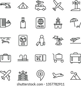 thin line vector icon set - case vector, passport, coastal lighthouse, sand castle, helicopter, dollar pin, plane, passenger, suitcase, rolling, ticket, departure, hotel, tent, beach, palm tree