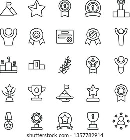 Thin Line Vector Icon Set - Star Vector, Pedestal, Medal, Winner, Laurel Branch, Podium, Prize, Award, Cup, Reward, Man Hands Up, Motivation, Mountain Flag, With Pennant, Ribbon, Certificate