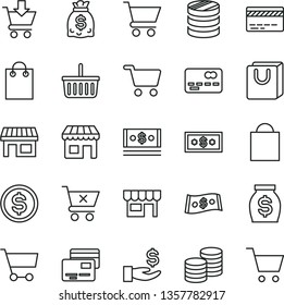 thin line vector icon set - paper bag vector, grocery basket, bank card, cart, put in, crossed, with handles, cards, kiosk, coins, stall, shopping, front of the, column, dollar, get a wage, money