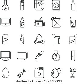 thin line vector icon set - measuring cup for feeding vector, e, packing of juice with a straw, drop, screen, glass soda, tea, can, bottle, liquor, round flask, oil, canister, monitor, test tube