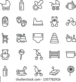 thin line vector icon set - baby cot vector, dummy, mug for feeding, bottle, measuring, diaper, stroller, carriage, summer, sitting, stacking rings, roly poly doll, toy sand set, children's potty