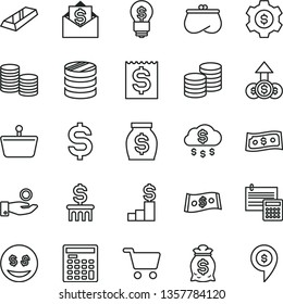 thin line vector icon set - calculation vector, coins, shopping cart, basket, column of, denomination the dollar, financial item, catch a coin, purse, money, engineer calculator, gold bar, rain, bag