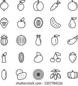 thin line vector icon set - carrot vector, strawberry, cherry, apple, quince, apricot, raspberry, rose hip, medlar, water melon, goji berry, half, date fruit, tangerine, slice of, ripe plum, sweet