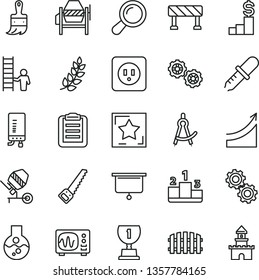 thin line vector icon set - gears vector, concrete mixer, arm saw, wooden paint brush, power socket type b, fence, electronic boiler, traffic signal, pedestal, flask, zoom, pipette, oscilloscope