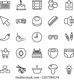 thin line vector icon set - upload archive data vector, chest of drawers, nappy, baby bib, comb, core, wall clock, flowchart, no sound, put in cart, cake, fried vegetables on sticks, mushroom, plum