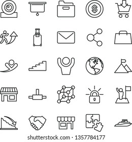 thin line vector icon set - Puzzles vector, folder, put in cart, kiosk, stall, connection, recession, hand shake, bag, web camera, connect, mail, encrypting, presentation board, 3d cube, stairway