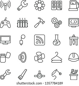 thin line vector icon set - repair key vector, loudspeaker, rss feed, arm saw, construction helmet, plummet, radiator, hammer with claw, screen, hanger, fan screw, gas station, flask, welding, gears