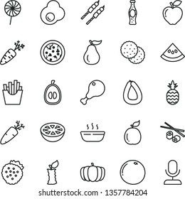 thin line vector icon set - stick of sausage vector, pizza, hot porridge, chicken leg, barbecue, carrot, lollipop, French fries, Chinese chopsticks, bottle soda, fried egg, strawberries, a pineapple