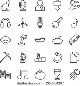 thin line vector icon set - desktop microphone vector, clean paper, counterclockwise, bath, comb, children's hairdo, key, a bowl of rice porridge, tomato, glass, windmill, mercury light bulb, coins