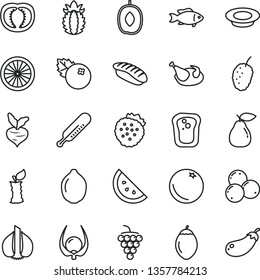 thin line vector icon set - mercury thermometer vector, a plate of milk, chicken, japanese sushi, fish, blueberries, strawberries, orange slice, sandwich, large grape, pear, tasty mulberry, lime