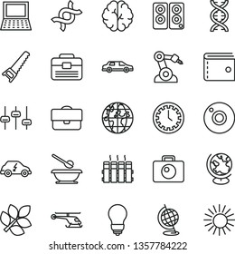 thin line vector icon set - camera vector, clock face, purse, plates and spoons, hand saw, portfolio, bulb, radiator, electric transport, robot welder, planet, notebook pc, speaker, dna, brain, sun