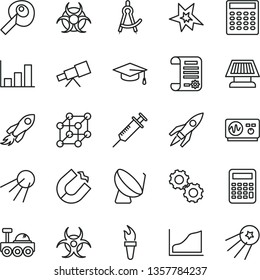 thin line vector icon set - artificial satellite vector, horseshoe magnet, dish, space rocket, research article, telescope, gears, biohazard, oscilloscope, graduate hat, calculator, drawing compass