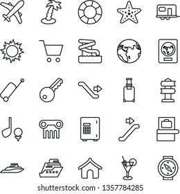 thin line vector icon set - earth vector, camper, escalator, rolling suitcase, baggage scanner, passport, plane, case, boungalow, sun, palm tree, cocktail, aquapark, starfish, key, safe, cart, golf