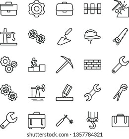 thin line vector icon set - repair key vector, briefcase, brickwork, winch hook, gears, cogwheel, trowel, adjustable wrench, hand saw, drawing, ceramic tiles, helmet, case, working oil derrick