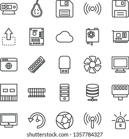 thin line vector icon set - floppy disk vector, monitor window, screen, big data server, move up, part of guava, fan, radiator, pc power supply, tower, motherboard, memory, card, web camera, usb