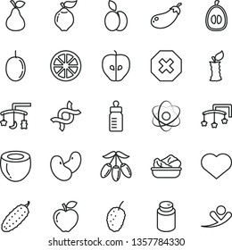 thin line vector icon set - heart symbol vector, mark of injury, toys over the cradle, cot, feeding bottle, powder, lettuce in a plate, cucumber, apple, pear, quince, red, tasty, mulberry, coconut