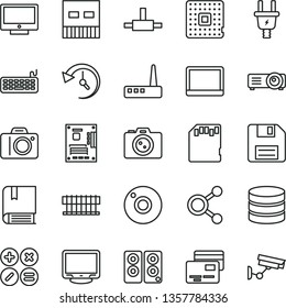 thin line vector icon set - camera vector, floppy disk, e, screen, cards, math actions, electric plug, processor, connections, notebook pc, radiator fan, keyboard, motherboard, monitor, usb, router