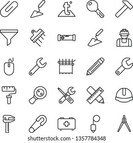 thin line vector icon set - paint roller vector, repair key, graphite pencil, safety pin, bag of a paramedic, trowel, building, small tools, construction level, writing accessories, helmet, plummet