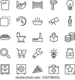 thin line vector icon set - repair key vector, incandescent lamp, magnifier, first aid kit, bedside table, baby cot, comfortable toilet, strongbox, crossed cart, coins, copy, unpacking, Easter cake