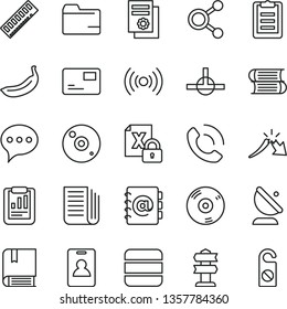 thin line vector icon set - folder vector, e, books, speech, address book, pass card, phone call, banana, satellite antenna, connections, a crisis, statistical report, scientific publication, memory