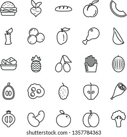 thin line vector icon set - loaf vector, burger, lettuce in a plate, chicken leg, grill, garlic, fried potato slices, omelette, ripe peach, apple, tasty, cornels, half of medlar, blueberries, melon