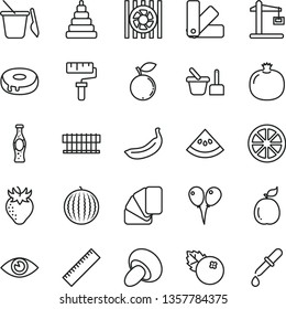 thin line vector icon set - paint roller vector, yardstick, stacking toy, sand set, children's, colored air balloons, color samples, sample of colour, eye, porcini, cake with a hole, bottle soda