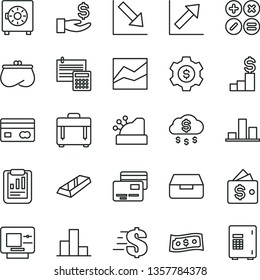 thin line vector icon set - dollar vector, bar chart, line, growth, negative, calculation, case, drawer, strongbox, cards, math actions, reverse side of a bank card, statistical report, get wage