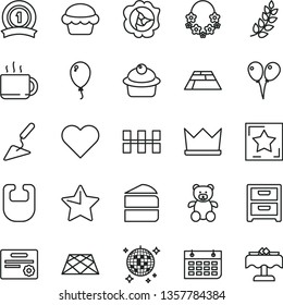 thin line vector icon set - bib vector, teddy bear, colored air balloons, balloon, building trowel, ceramic tiles, paving slab, pavement, star, heart, nightstand, cake, muffin, piece of, cup tea