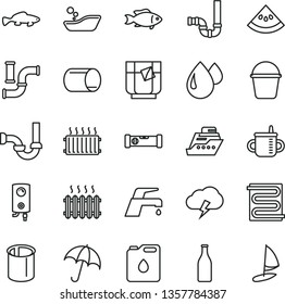 thin line vector icon set - mug for feeding vector, children's bathroom, bucket, siphon, sewerage, construction level, heating coil, faucet mixer, boiler, umbrella, storm cloud, small fish, pipes