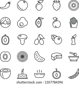 thin line vector icon set - deep plate with a spoon vector, cake, cheese, mushroom, glazed hole, hot porridge, fried potato slices, egg, blueberries, orange, peach, half apricot, quince, cornels
