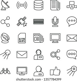 thin line vector icon set - desktop microphone vector, monitor window, envelope, speech, thumb up, screen, big data, operator, artificial satellite, SIM, connection, connections, hierarchical scheme