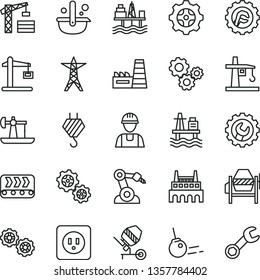 thin line vector icon set - tower crane vector, builder, hook, gears, concrete mixer, power socket type b, gear, star, core, sea port, commercial seaport, oil derrick, line, thermal plant, conveyor