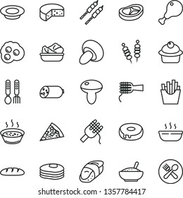 thin line vector icon set - iron fork spoons vector, sausage, cheese, loaf, fried vegetables on sticks, piece of pizza, spaghetti, noodles, mushroom, porcini, muffin, cake with a hole, in saucepan