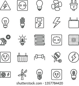 thin line vector icon set - lightning vector, danger of electricity, matte light bulb, concrete mixer, power socket type b, f, dangers, heating coil, fan screw, big solar panel, wind energy, battery