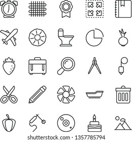 thin line vector icon set - scissors vector, graphite pencil, pie chart, bath, comfortable toilet, plummet, dust bin, alarm clock, notebook, case, size, birthday cake, beet, raspberry, ripe pepper