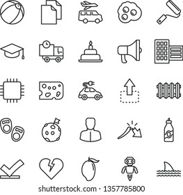 thin line vector icon set - clean paper vector, baby bath ball, birthday cake, shoes for little children, new roller, city block, radiator, broken heart, delivery, megaphone, square academic hat
